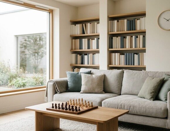 Комната отдыха с книжными полками и настольными играми